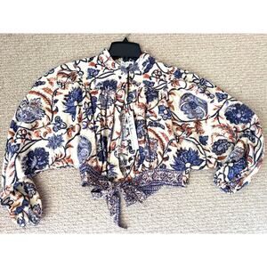 Nicole Miller Floral Paisley Linen Blend Tie Front Cropped Top size small